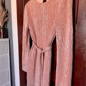 Pink sequins, long sleeve, backless, tie waste, dress